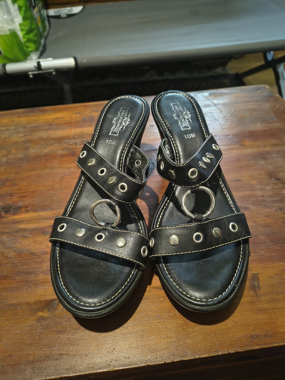 Black Studded Wedge Slide Sandals with Ring Accent - Women